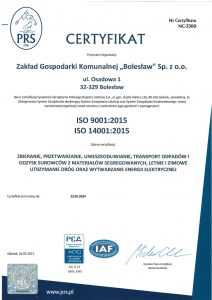 Skan certyfikatu ISO 9001:2015 oraz ISO 14001:2015